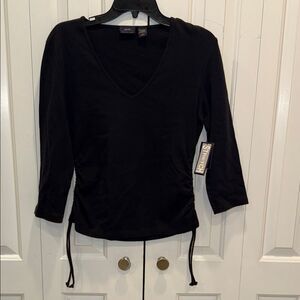Anne Klein Black V-Neck Ruched Side Tie Stretch Top